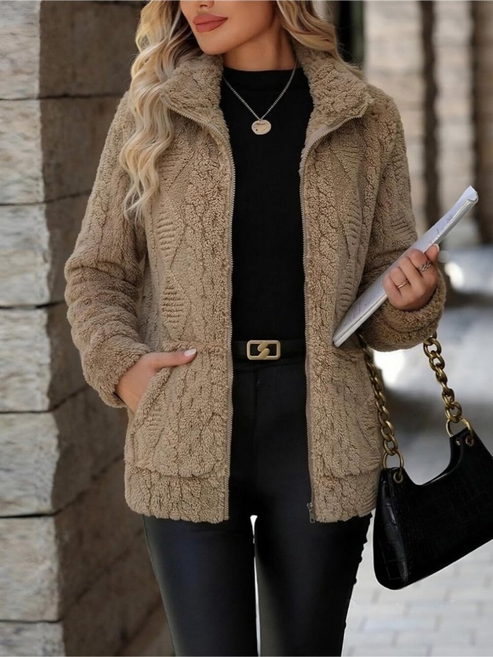 Women's Diamond Khaki Zip Stand Collar Fleece Sherpa Pockets long sleeve Jacket - Picture 3 of 6